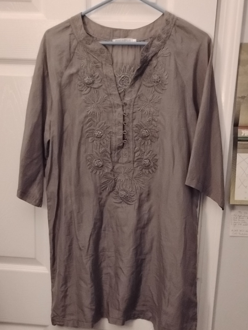 Monoreno Silk Cotton Blend Embroidered Boho Tunic Blouse Large 3/4 Sleeves